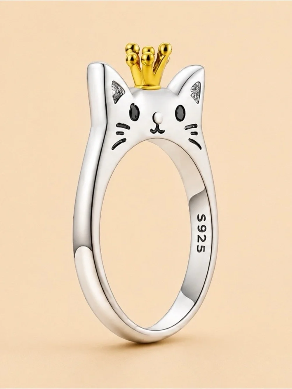 Silver Cat Crown Ring for Pets Lovers - White and Gold